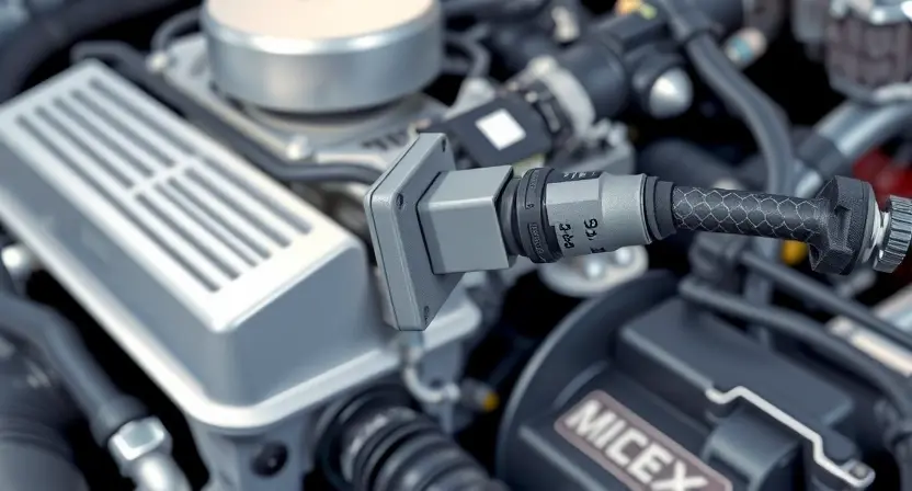 A close-up illustration of an engine bay with a focus on the Intake Air Temperature (IAT) sensor and its wiring. The sensor should be clearly visible, along with a section of the wiring harness. The background should show other engine components, but blurred to keep the focus on the IAT sensor. The overall lighting should be bright and clean, highlighting the sensor's details. Depict a visual representation of a wiring fault, such as a frayed wire or a loose connection, subtly integrated into th