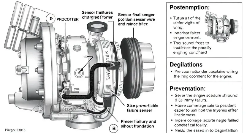 A detailed illustration of a turbocharger system, focusing on the position sensor circuit. Include diagrams showing the sensor, wiring, and connection to the engine control unit (ECU). Highlight potential failure points and preventative maintenance steps. The image should be technical and informative, suitable for a repair manual or online tutorial.