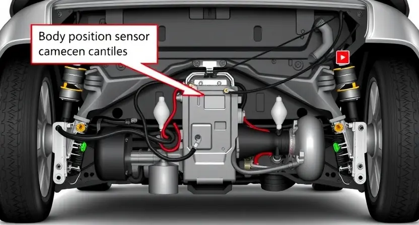 A detailed illustration of a car's rear chassis and wiring harness, highlighting the body position sensor and its connection points. The image should clearly show the sensor's location and the surrounding components. Focus on the wiring and connections related to the sensor.