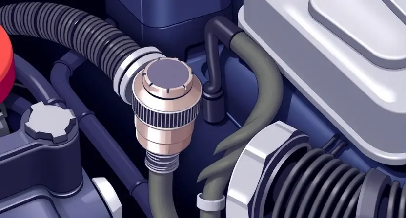 A close-up, detailed illustration of an engine bay with a focus on the Intake Air Temperature (IAT) sensor. The sensor should be clearly visible, along with nearby hoses and wiring. The overall scene should convey a sense of automotive diagnostics and technical inspection. The lighting should be bright and even, highlighting the sensor's components.