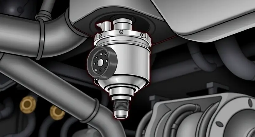 A detailed illustration of a differential pressure sensor (DPF) installed in a vehicle's exhaust system. The sensor should be clearly visible, with surrounding components like pipes and engine parts subtly in the background. Focus on the sensor's physical characteristics and connection points. The image should convey a sense of technical precision and clarity, suitable for a repair manual or diagnostic guide.