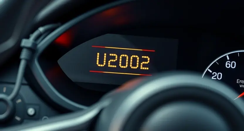 A close-up of a car's dashboard with a warning light displaying the error code U3002, surrounded by subtle mechanical elements like wires and sensors, in a clean, professional automotive service setting, soft natural lighting, high detail, no text or numbers visible except the U3002 code on the display