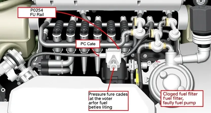 A detailed illustration of a fuel injection system with a focus on the fuel rail, injectors, and pressure regulator. The image should clearly show the components and their connections. Include a visual representation of the P0254 error code and its potential causes (e.g., clogged fuel filter, faulty fuel pump). The background should be a clean, technical environment.