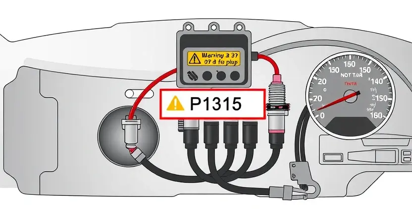 A high-quality technical illustration showing a Toyota vehicle's ignition system with a highlighted error code P1315, displaying spark plugs, ignition coils, and wiring harnesses, with a warning indicator light on the dashboard, clean technical diagram style, precise engineering details, neutral background