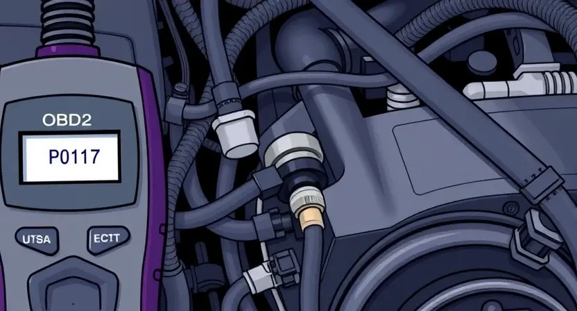 A close-up, detailed illustration of an engine bay with a focus on the Engine Coolant Temperature (ECT) sensor and its wiring. The sensor should be clearly visible, along with the surrounding hoses and wires. A diagnostic tool (like an OBD2 scanner) is partially visible, displaying a P0117 error code. The overall scene should convey a sense of automotive diagnostics and repair.