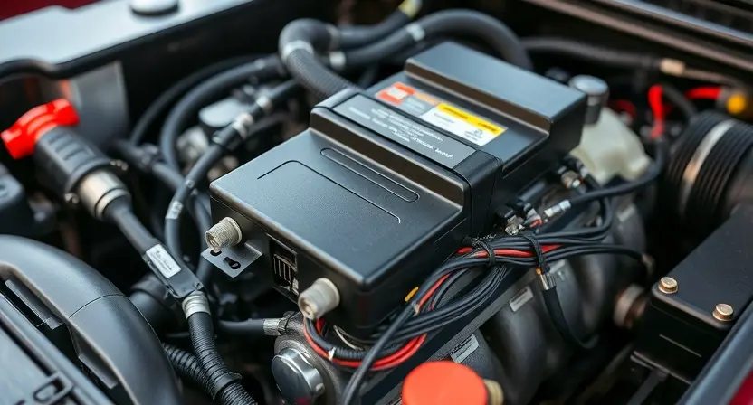 A close-up, detailed image of a car's engine bay. Focus on the engine control unit (ECU) and related wiring harnesses. The wiring should appear complex and interconnected. The overall lighting should be bright and highlight the intricate details of the components. The background should be slightly blurred to emphasize the engine components.