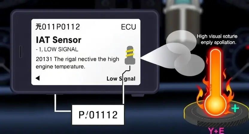 A detailed illustration of an engine control unit (ECU) displaying a P0112 error code, with a visual representation of the IAT sensor and its signal. The image should depict a clear connection between the sensor and the ECU, highlighting a low signal. Include visual cues indicating high engine temperature, such as steam or glowing components.