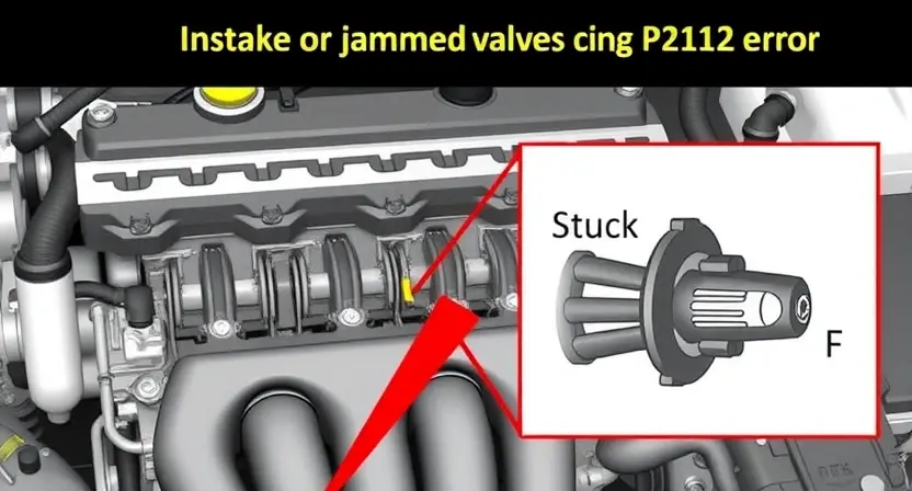 A detailed illustration of an engine's intake manifold with a visual representation of a stuck or jammed valve. Focus on the internal components, showing the valve mechanism and potential obstruction. The image should clearly depict the mechanical issue causing the P2112 error.
