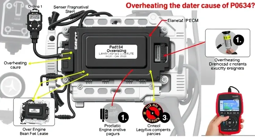 A detailed illustration of an automotive engine control module (ECM) with various sensors and wiring, highlighting the potential cause of a P0634 overheat code. Include visual representations of overheating components and diagnostic tools.