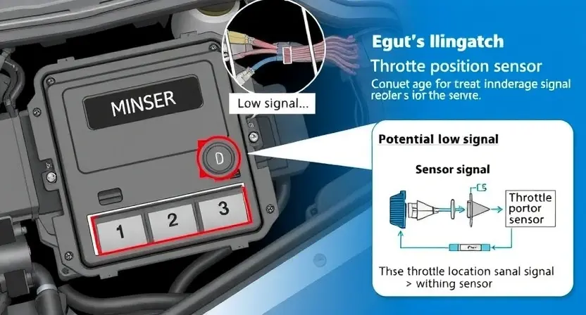 A detailed illustration of an engine control unit (ECU) with a visual representation of the throttle position sensor and its connection to the engine. The image should depict a clear diagram showing the signal flow and potential causes of a low signal. Include visual cues representing the sensor's physical location within the engine and the ECU's processing of the signal.
