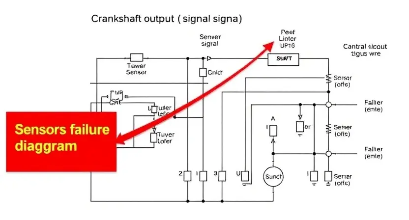 A detailed schematic diagram of an engine's crankshaft output signal circuit, highlighting potential failure points. Include visual representations of electrical components like sensors, wiring, and connectors. The diagram should be clean, well-labeled, and illustrate the flow of electrical signals.