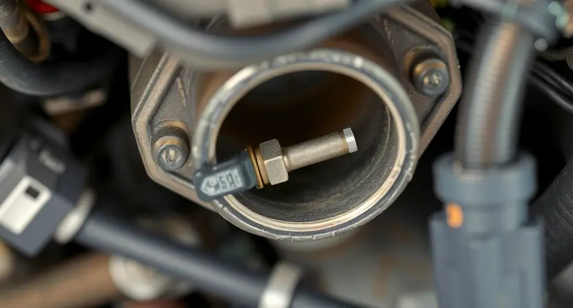 A close-up, detailed image of a car's exhaust system, specifically focusing on the oxygen sensor (lambda sensor). The sensor should be clearly visible, along with surrounding engine components like pipes and wiring. The image should convey a sense of automotive repair and diagnostics.