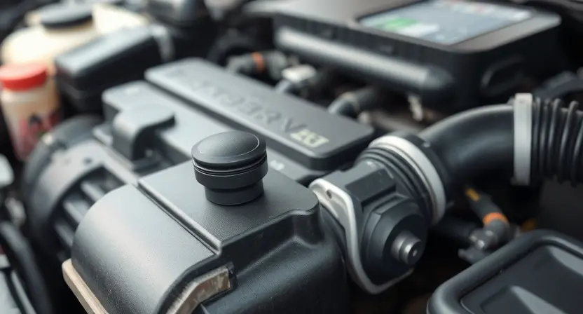 A close-up shot of a car's engine bay, focusing on the engine temperature sensor. The sensor should be clearly visible, with surrounding engine components blurred in the background. The overall lighting should be bright and clean, highlighting the sensor's details.