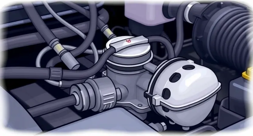 A detailed illustration of a car's engine bay, specifically focusing on the coolant pump. The pump should be clearly visible, with hoses connected to it. Show signs of potential issues, such as a slightly discolored or leaking hose, or a pump that appears worn. The background should be slightly blurred to emphasize the pump.
