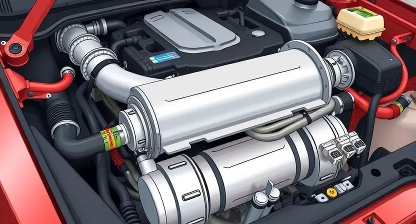 A detailed illustration of an automotive engine bay, focusing on the catalytic converter and associated wiring. The catalytic converter should be prominently displayed, with visible sensors and hoses. The engine should be partially visible in the background, suggesting a car's internal workings.