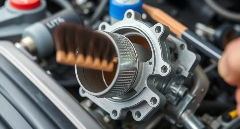 A close-up, detailed image of a car's throttle body being inspected. The throttle body should be partially disassembled, revealing its internal components. Tools like a cleaning brush and possibly a cleaning solution bottle should be subtly present in the background. Focus on the intricate details of the throttle plate and valve body. The overall lighting should be bright and even, highlighting the metallic surfaces.