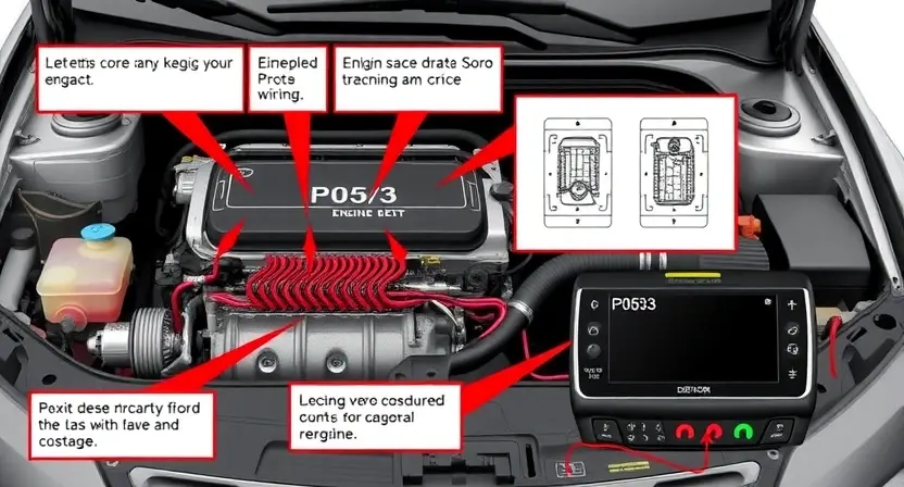 A detailed illustration of a car's engine control unit (ECU) with wiring diagrams highlighting the P0593 error code. Focus on the diagnostic tools and a visual representation of the error message on a screen.