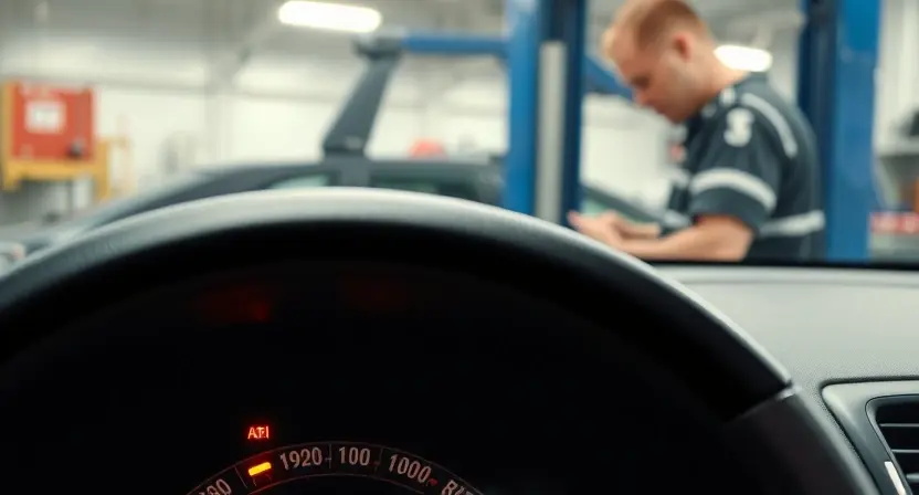 A close-up of a car dashboard with a warning light illuminated, a mechanic in the background inspecting the vehicle, no text or symbols, realistic style