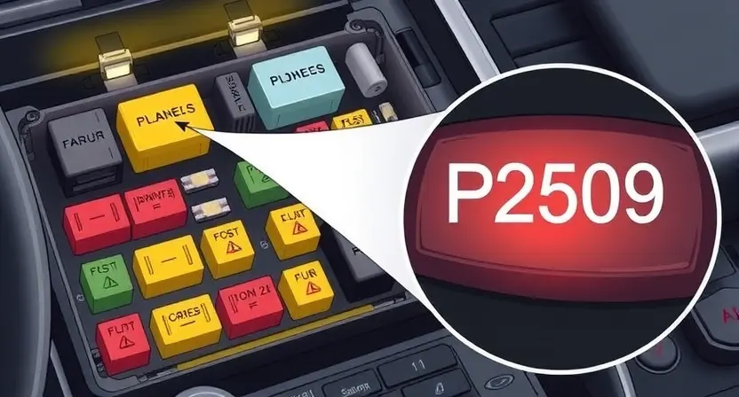 A detailed illustration of a car's fuse box, highlighting the P2509 error code indicator. The fuse box should be well-lit, showing various fuses and their corresponding labels. A close-up of the P2509 indicator light should be prominently displayed, with a clear visual representation of the error message.