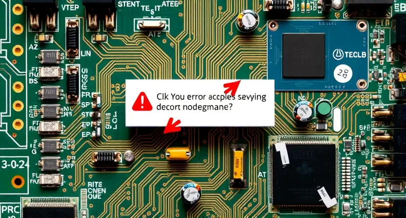 A complex circuit board with various electronic components, highlighting a potential error or malfunction. Focus on visual representation of technical difficulty and problem-solving.