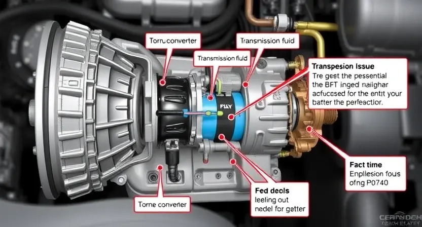 A detailed illustration of a car's transmission system, highlighting the torque converter, transmission fluid, and potential issues related to the P0740 error code. Focus on mechanical components and clear labeling.
