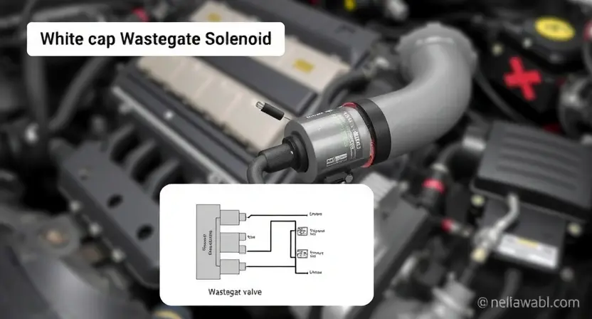 A detailed illustration of a car's engine bay, focusing on the wastegate solenoid. The solenoid should be clearly visible, with wiring and hoses connected. Include a schematic diagram showing the electrical connections to the solenoid and the wastegate valve. The background should be slightly blurred to emphasize the solenoid.