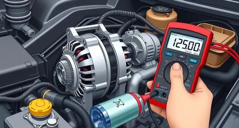 A detailed illustration of a car engine compartment with a focus on the alternator and its connections. Show the alternator with visible wiring and voltage regulator. Include a multimeter being used to test the voltage output of the alternator. The scene should be well-lit and realistic, highlighting the components involved in the charging system.