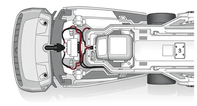 A detailed technical illustration of a vehicle's body position sensor, showing its components and wiring in a clean, schematic style, with a focus on the sensor's placement and connection points, no text or numbers visible