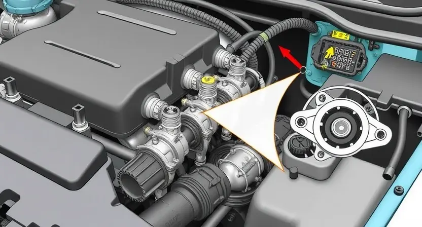 A detailed illustration of a car engine bay, focusing on the valve assembly on the front left side. Highlight the wiring and connections related to the valve circuit. Show a close-up of the valve and its surrounding components. The overall scene should convey a sense of technical inspection and repair.