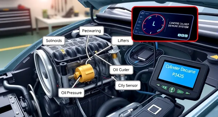 A detailed technical illustration showing a car engine with a focus on the cylinder deactivation system, including labeled components such as solenoids, lifters, and oil pressure sensors, with diagnostic tools like an OBD-II scanner connected to the dashboard displaying error code P3425, set in a clean automotive workshop environment with soft lighting and professional tools visible in the background