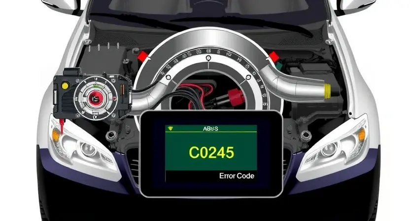 A high-quality technical illustration showing an automotive anti-lock braking system (ABS) module with highlighted sensors and wiring, surrounded by diagnostic equipment and error code C0245 displayed on a digital screen, clean technical diagram style, precise details, no text or numbers on the image