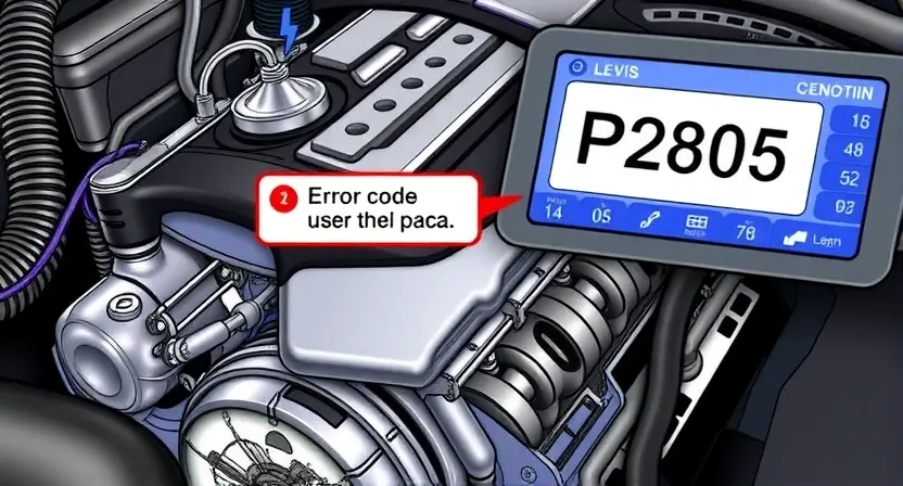 A detailed illustration of a car engine with a highlighted error code P2805 displayed on a digital dashboard. The engine should be realistically rendered, showcasing various components like pistons, valves, and sensors. The dashboard should be modern and clearly show the error code with accompanying diagnostic information. The overall color scheme should be automotive-themed, with metallic accents and a focus on clarity and precision.