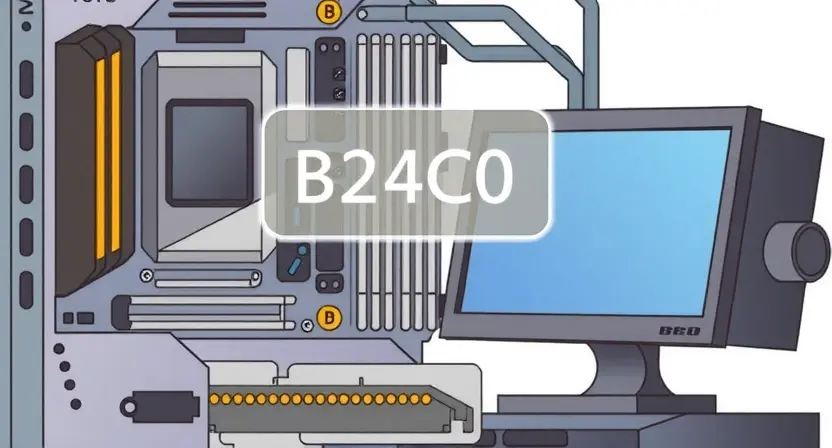 A technical illustration depicting a computer system with a highlighted error message 'B24C0'. The system should show components like a motherboard, CPU, RAM, and a monitor displaying the error. Focus on clarity and visual representation of the error code.