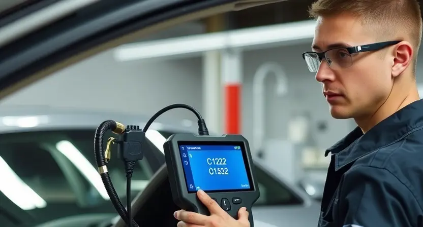 A mechanic is using a diagnostic scan tool connected to the electronic power steering (EPS) system of a car. The focus is on the EPS module and the diagnostic interface. The scene should be a well-lit automotive repair shop. The mechanic is wearing a uniform and safety glasses. The car is a modern sedan. The scan tool displays diagnostic information related to error code C1232.