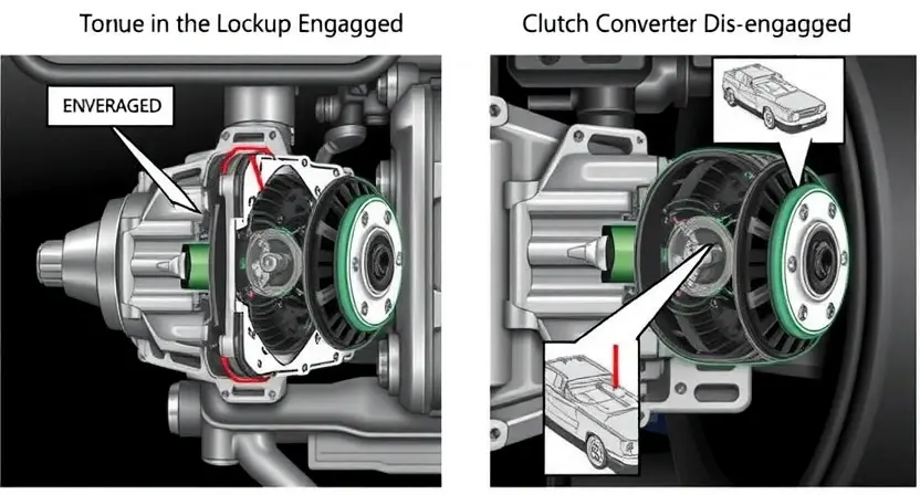 A detailed illustration of a car's transmission system, specifically highlighting the torque converter lockup clutch and its associated components. The image should show the clutch engaged and disengaged, with visual cues indicating the difference in torque transfer. Include diagrams and labels for clarity.