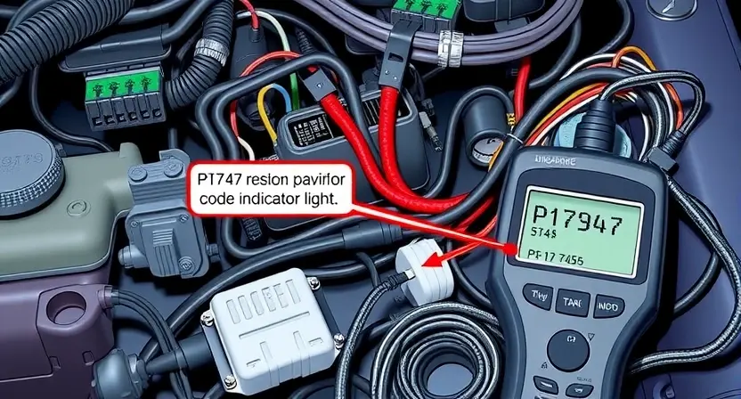 A detailed illustration of a car's wiring harness with a highlighted P1747 error code indicator light. Focus on the intricate network of wires and connectors. Include a diagnostic tool near the wiring harness.
