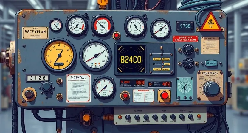A detailed illustration depicting a complex system control panel with various gauges, displays, and interconnected components. The panel should visually represent a system experiencing an error (B24C0). Include subtle visual cues indicating wear and tear, such as slightly faded labels and minor scratches. The background should be a slightly blurred industrial setting.