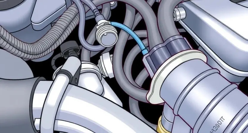 A close-up, detailed illustration of a car engine bay, focusing on the coolant temperature sensor and its wiring. The sensor should be clearly visible, along with the surrounding hoses and components. The overall lighting should be bright and clean, highlighting the mechanical details.