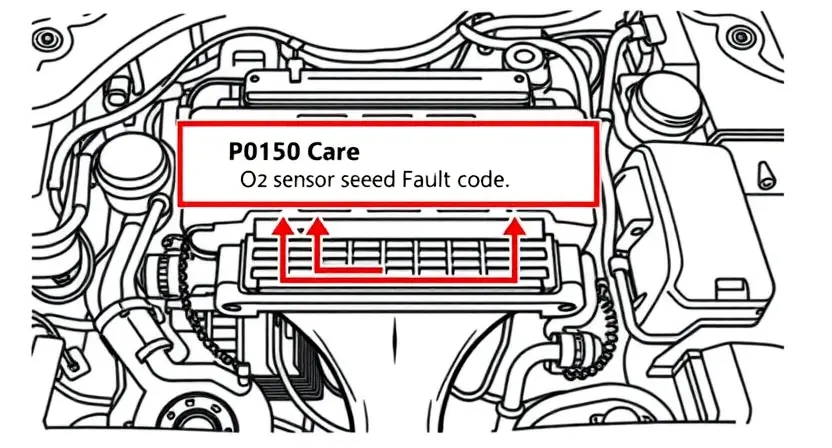 A detailed technical illustration of a car engine control unit with a highlighted O2 sensor circuit showing a P0150 fault code, clean technical diagram style, high quality, 832x448 resolution