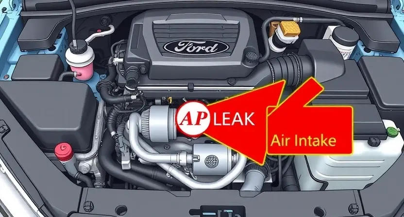A high-quality technical illustration showing a Ford vehicle engine with a highlighted air intake system, indicating a leak or contamination causing error code P1505, clean technical diagram style, no text or numbers on image