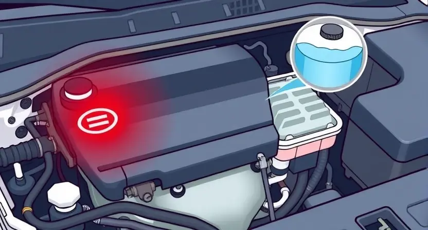 A detailed illustration of a car's engine bay with a low coolant level indicated by a warning light and a visible coolant reservoir. Focus on the visual representation of the low coolant, including the level in the reservoir and any associated warning indicators.