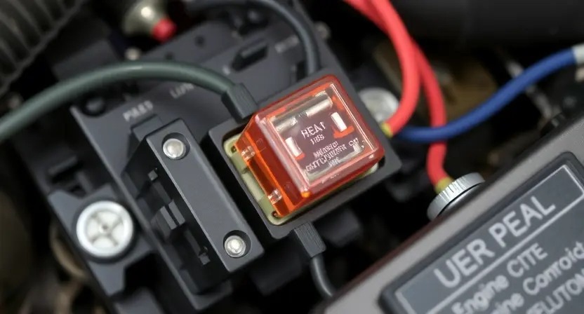 A close-up shot of an automotive engine control unit (ECU) with a highlighted relay. Wires and connectors should be visible, suggesting a diagnostic or repair scenario. The focus should be on the relay itself, indicating its importance in the system.