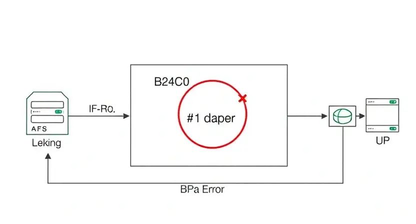 A detailed diagram illustrating the components of an AFS management system, focusing on the B24C0 error. The diagram should show the main components like the server, database, network, and user interface, with arrows indicating data flow. Highlight the B24C0 error with a specific visual cue (e.g., a red circle or an error icon) and label it clearly.