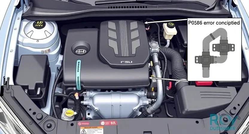 A detailed illustration of a car's engine bay, focusing on the ventilation system components. Include a diagram highlighting the P0586 error code location and related wiring. The image should be clean and professional, showcasing the technical aspects of the system.