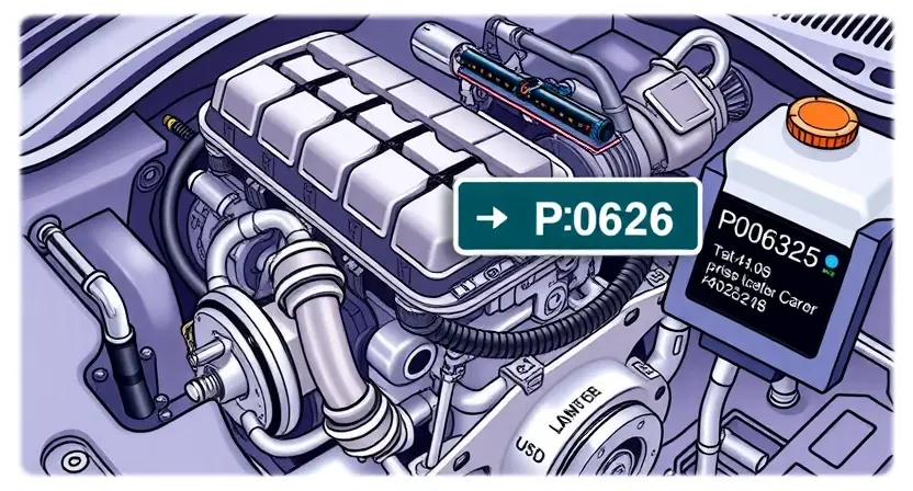 A detailed illustration of a car engine with the P0626 error code highlighted. The engine should be realistically rendered, showing various components like the camshaft, crankshaft, and sensors. The P0626 code should be displayed on a digital dashboard or a diagnostic screen near the engine.