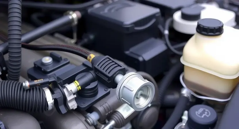A close-up, detailed illustration of a car's engine bay, focusing on the Mass Air Flow (MAF) sensor and its surrounding components. The sensor should be clearly visible, with wires and hoses connected. The engine should appear clean and well-maintained. The background should be slightly blurred to emphasize the MAF sensor.