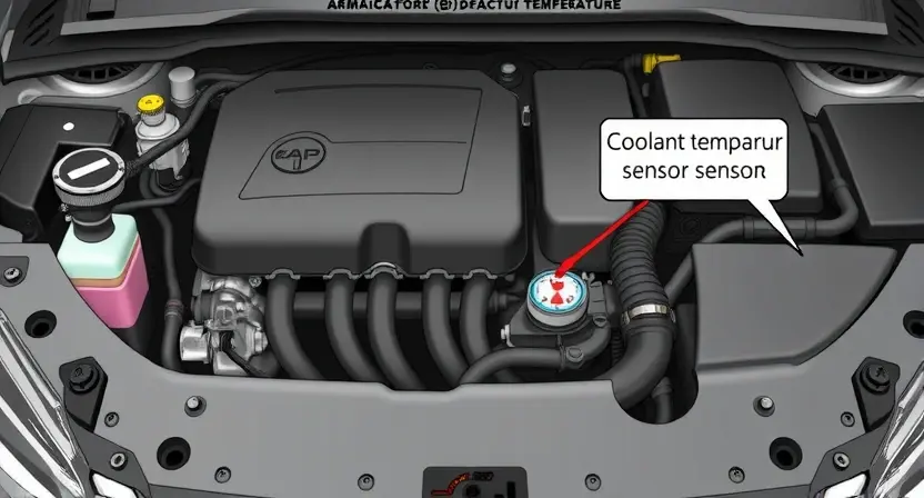 A detailed illustration of a car's engine bay, focusing on the coolant temperature sensor and its connection to the engine control unit (ECU). Include visual cues representing low coolant temperature, such as a thermometer reading below normal or a subtle visual representation of coldness. The engine should be clean and well-lit, showcasing the components clearly.