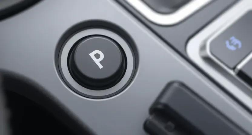 A close-up, detailed illustration of an electronic parking brake button within a car's interior. The button should be clearly visible, showing its design and any associated indicators (e.g., LED lights). Focus on the button's physical appearance and its location on the center console. The background should be blurred to emphasize the button.