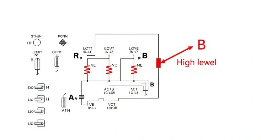 A detailed schematic diagram of a circuit board, highlighting a power supply section labeled 'B'. The diagram should show voltage regulators, capacitors, and other electronic components. A red arrow points to a specific component indicating a high signal level. The background should be a clean, professional-looking white.