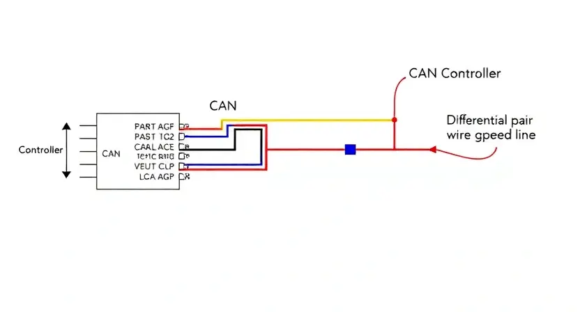 A detailed schematic diagram illustrating a CAN bus circuit with a break in the high-speed line. The diagram should clearly show the CAN controller, differential pair wiring, and the point of the break. Use color-coding to differentiate the wires and components. Include labels indicating the components and the affected section of the CAN bus. The background should be clean and uncluttered, focusing on the circuit diagram.